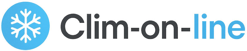 Logo de Clim-on-line avec icône bleue en forme de flocon et texte moderne en gris et bleu clair.